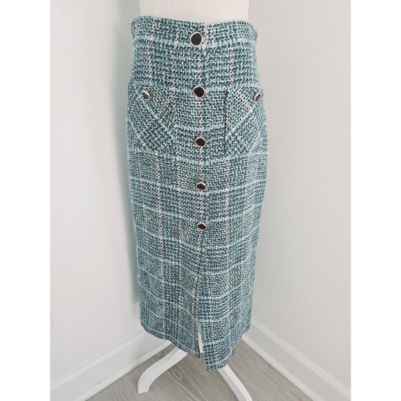 Zara Tweed Cotton Blend Faux Button Front Green Plaid Straight Pencil Skirt M - Picture 1 of 11